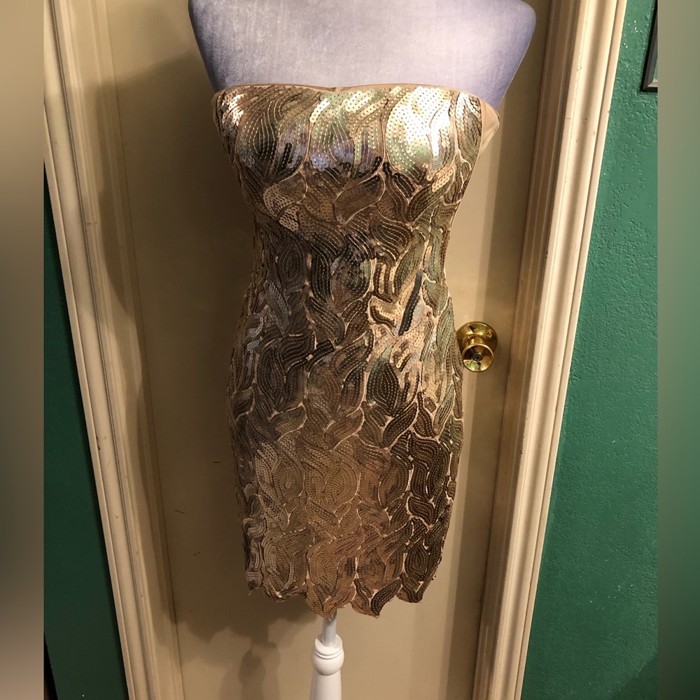 bebe Strapless Gold Sequin Cocktail Dress